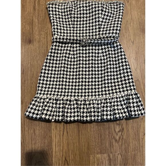LDT RILEY STRAPLESS FLOUNCE TWEED MINI DRESS Black and White Houndstooth size 4 - Picture 3 of 10